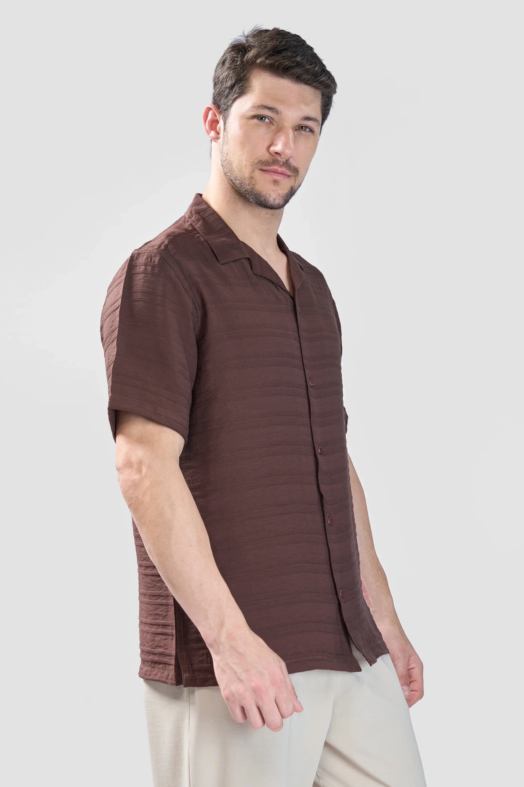 Xkind Brown Horizontal Pleated Stripes Relaxed Fit Shirt