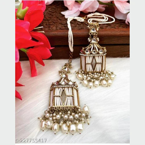Tehzeeb Creations Stylish White Pearls Gold-Polished Kundan Studded Beads Beaded Drop Earrings With Ear Chain Long Earring Set - Distacart