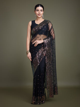 Monjolika Fashion Women'S Black Soft Net SareeWith Sequin Embellished Border And Pallu - Distacart