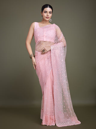 Monjolika Fashion Women'S Light Pink Soft Net SareeWith Sequin Embellished Border And Pallu - Distacart