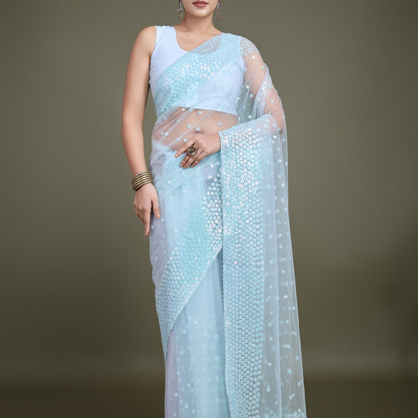 Monjolika Fashion Women'S Light Sky Blue Soft Net SareeWith Sequin Embellished Border And Pallu - Distacart