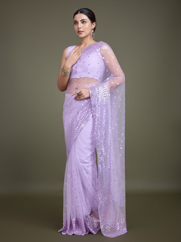 Monjolika Fashion Women'S Lavender Soft Net SareeWith Sequin Embellished Border And Pallu - Distacart