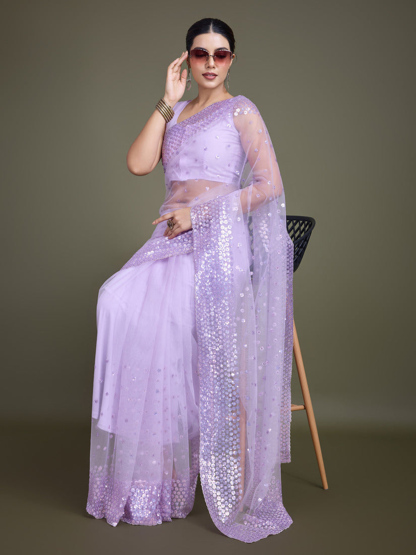 Monjolika Fashion Women'S Lavender Soft Net SareeWith Sequin Embellished Border And Pallu - Distacart