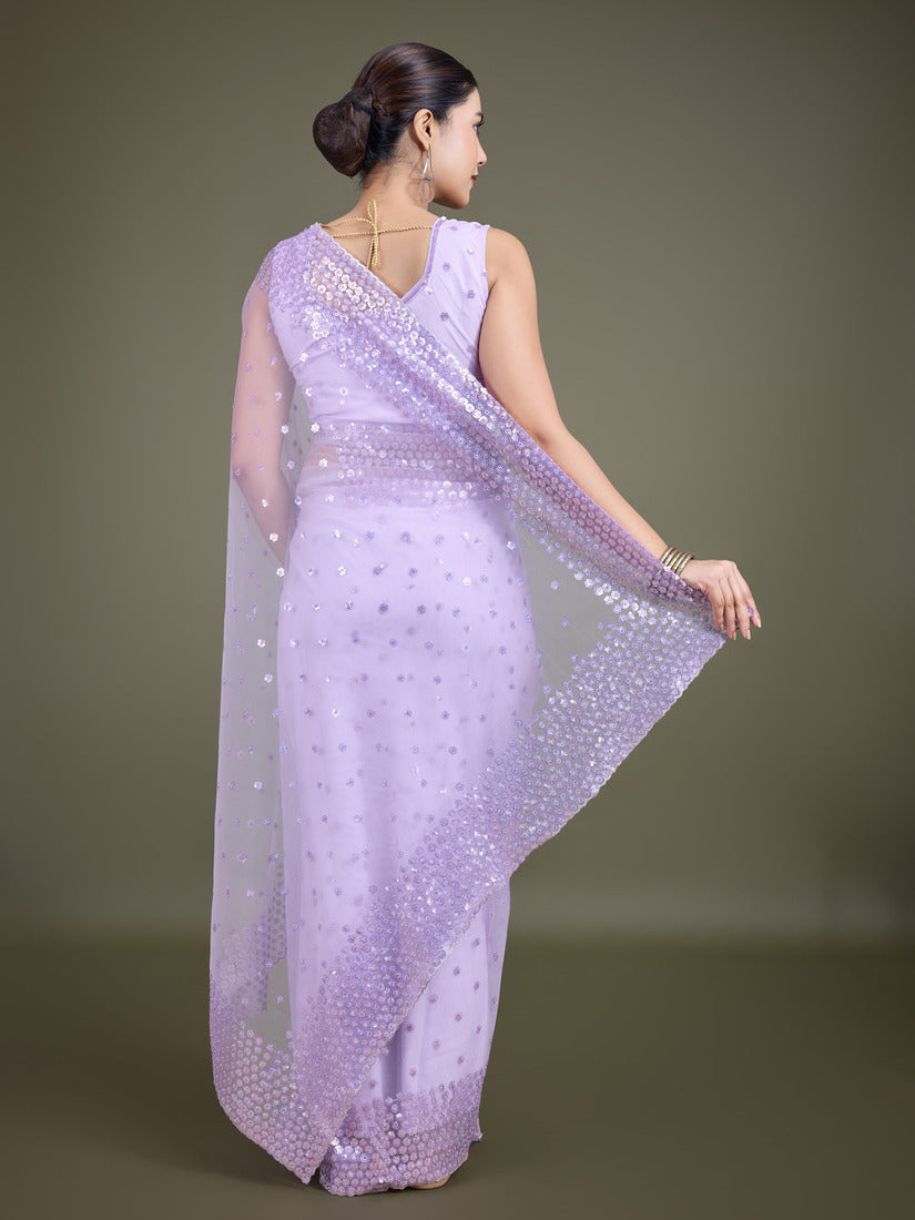 Monjolika Fashion Women'S Lavender Soft Net SareeWith Sequin Embellished Border And Pallu - Distacart
