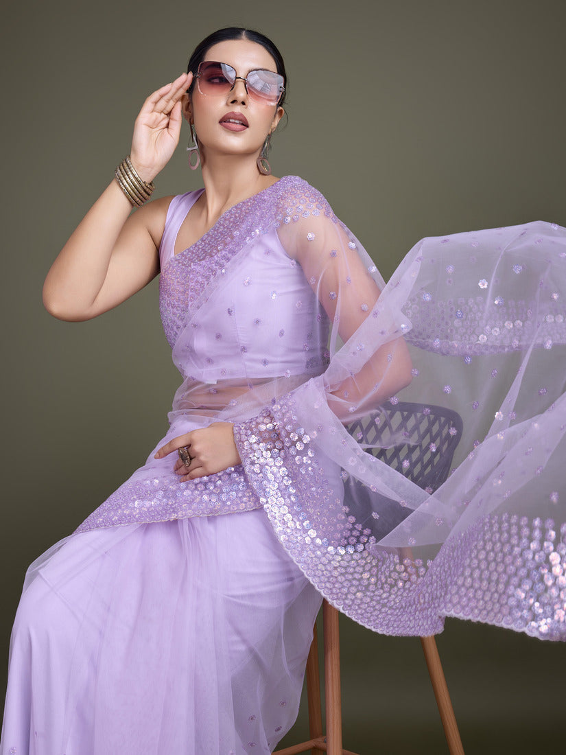 Monjolika Fashion Women'S Lavender Soft Net SareeWith Sequin Embellished Border And Pallu - Distacart