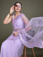 Thumbnail for Monjolika Fashion Women'S Lavender Soft Net SareeWith Sequin Embellished Border And Pallu - Distacart