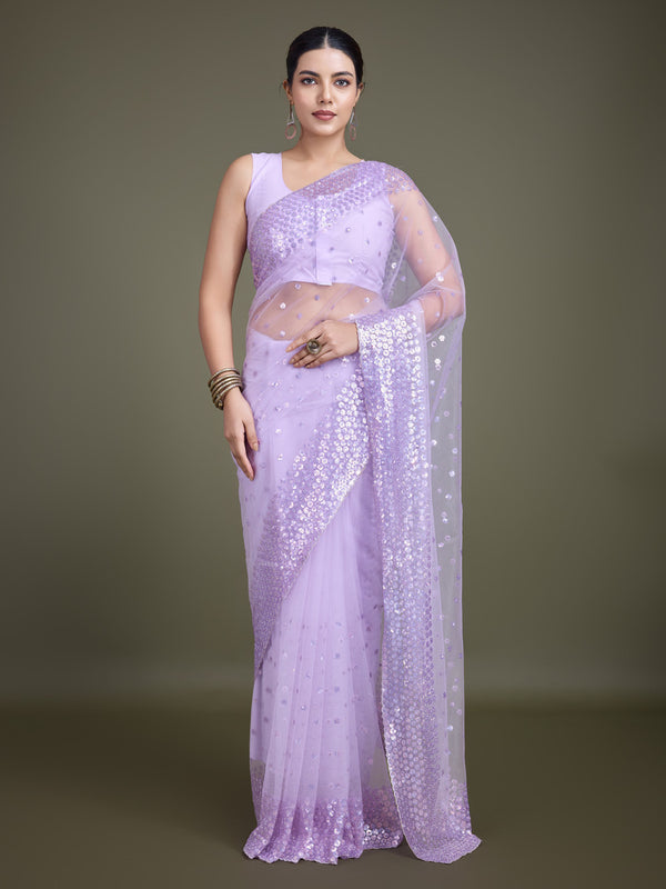 Monjolika Fashion Women'S Lavender Soft Net SareeWith Sequin Embellished Border And Pallu - Distacart