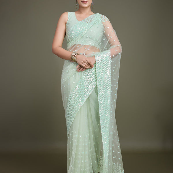 Monjolika Fashion Women'S Light Green Soft Net SareeWith Sequin Embellished Border And Pallu - Distacart