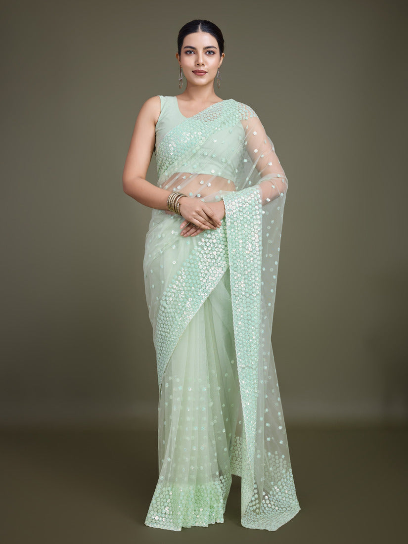 Monjolika Fashion Women'S Light Green Soft Net SareeWith Sequin Embellished Border And Pallu - Distacart
