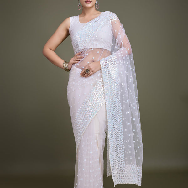 Monjolika Fashion Women'S White Soft Net SareeWith Sequin Embellished Border And Pallu - Distacart