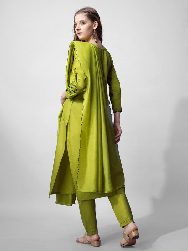 Malishka Women's Parrot Embroidered Cotton Blend Kurta Pant Set With Dupatta - Distacart