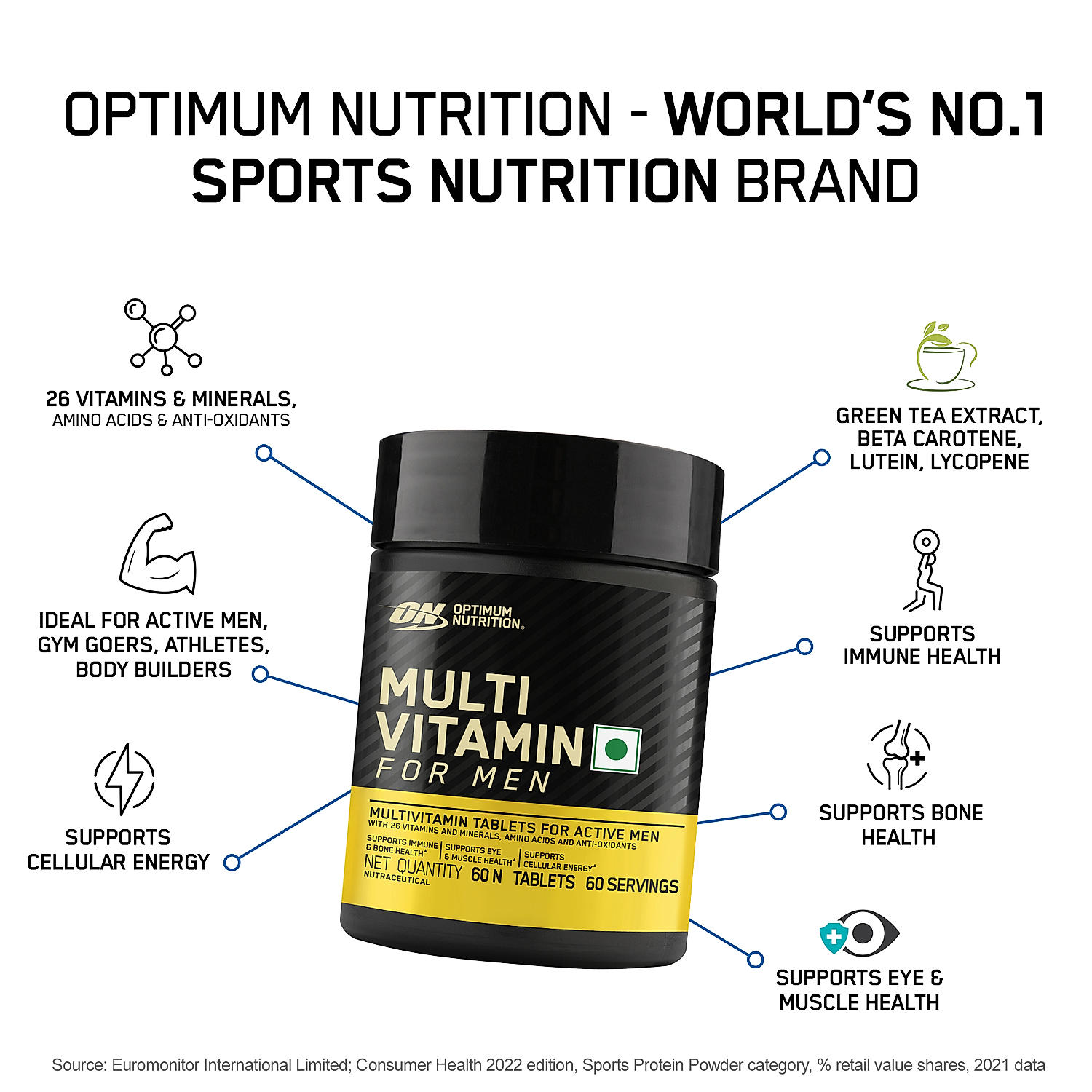 Optimum Nutrition Gold Standard 100% Whey Protein Powder (Double Rich Chocolate) 2.27kg & Multivitamin 60 Tablets for Men