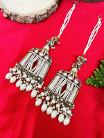 Thumbnail for Tehzeeb Creations Stylish White Pearls Gold-Polished Kundan Studded Beads Beaded Drop Earrings With Ear Chain Long Earring Set - Distacart