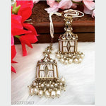 Thumbnail for Tehzeeb Creations Stylish White Pearls Gold-Polished Kundan Studded Beads Beaded Drop Earrings With Ear Chain Long Earring Set - Distacart