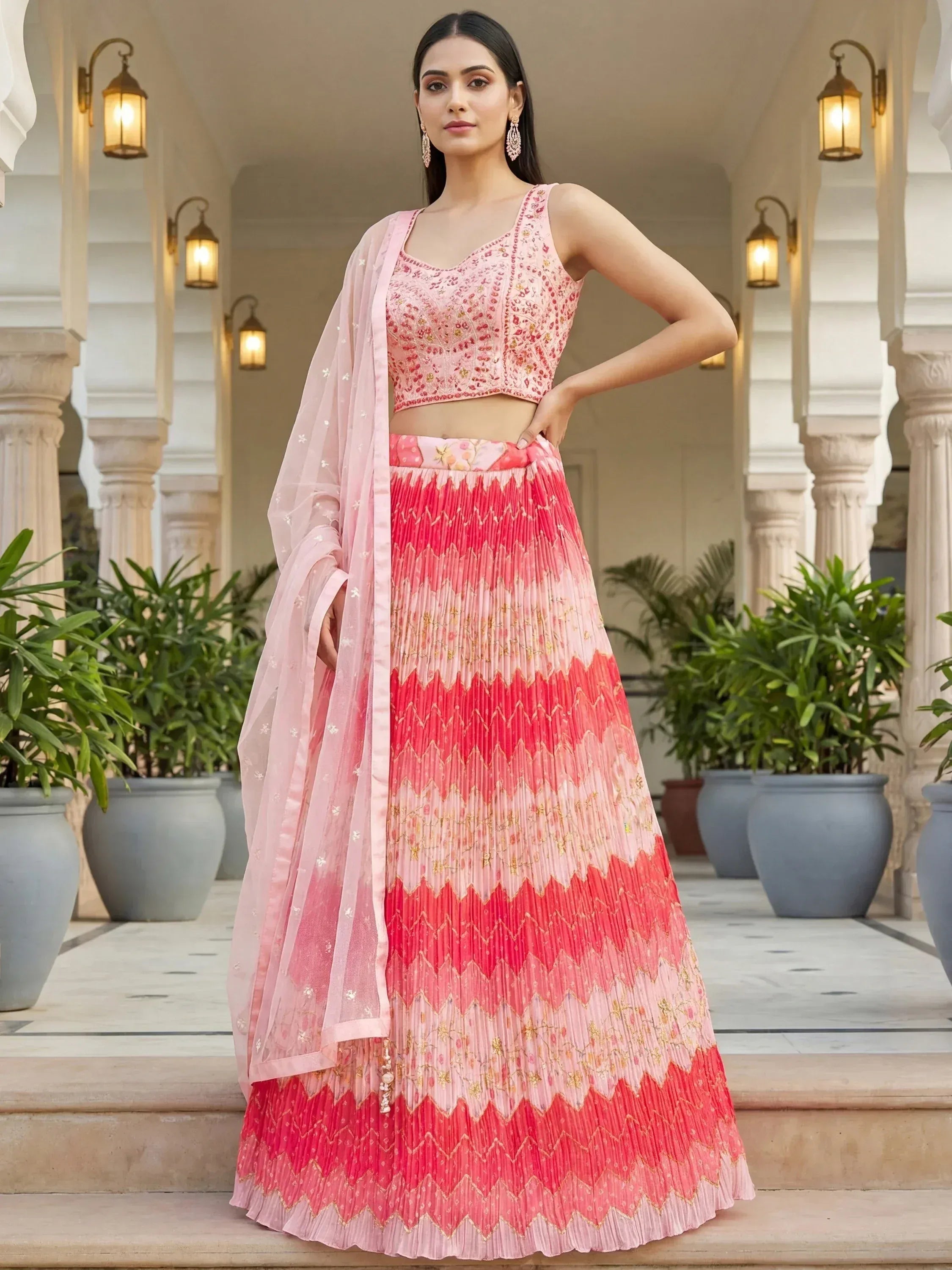 Tulsi Art Glamorous Pink Embroidered Chinon Wedding Wear Lehenga Choli - Dista