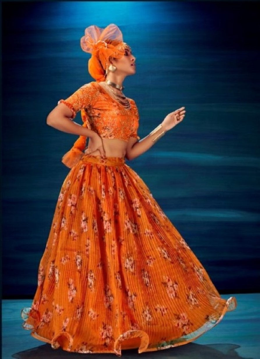 Anaita Orange Organza Lehenga Choli With Sequence & Thread Work - Distacart