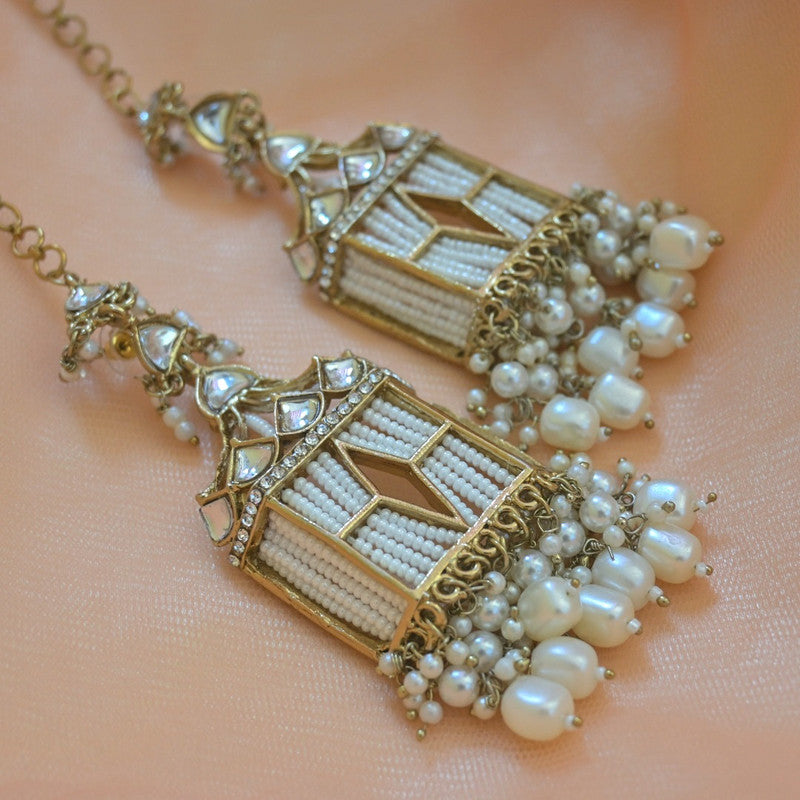 Tehzeeb Creations Stylish White Pearls Gold-Polished Kundan Studded Beads Beaded Drop Earrings With Ear Chain Long Earring Set - Distacart