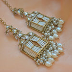 Thumbnail for Tehzeeb Creations Stylish White Pearls Gold-Polished Kundan Studded Beads Beaded Drop Earrings With Ear Chain Long Earring Set - Distacart