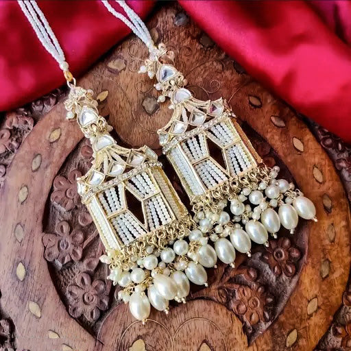 Tehzeeb Creations Stylish White Pearls Gold-Polished Kundan Studded Beads Beaded Drop Earrings With Ear Chain Long Earring Set - Distacart