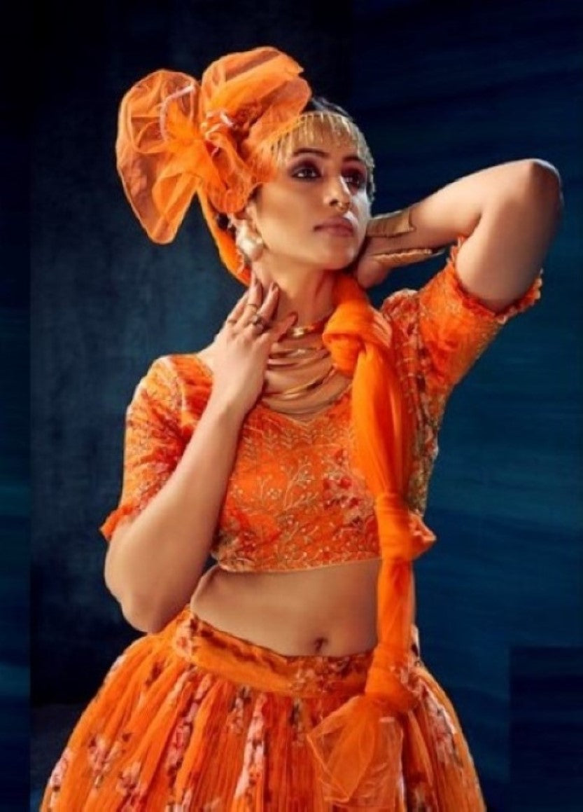 Anaita Orange Organza Lehenga Choli With Sequence & Thread Work - Distacart