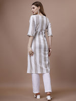 Thumbnail for Ode by House of Pataudi White Striped Printed Round Neck Cotton Straight Kurta - Distacart