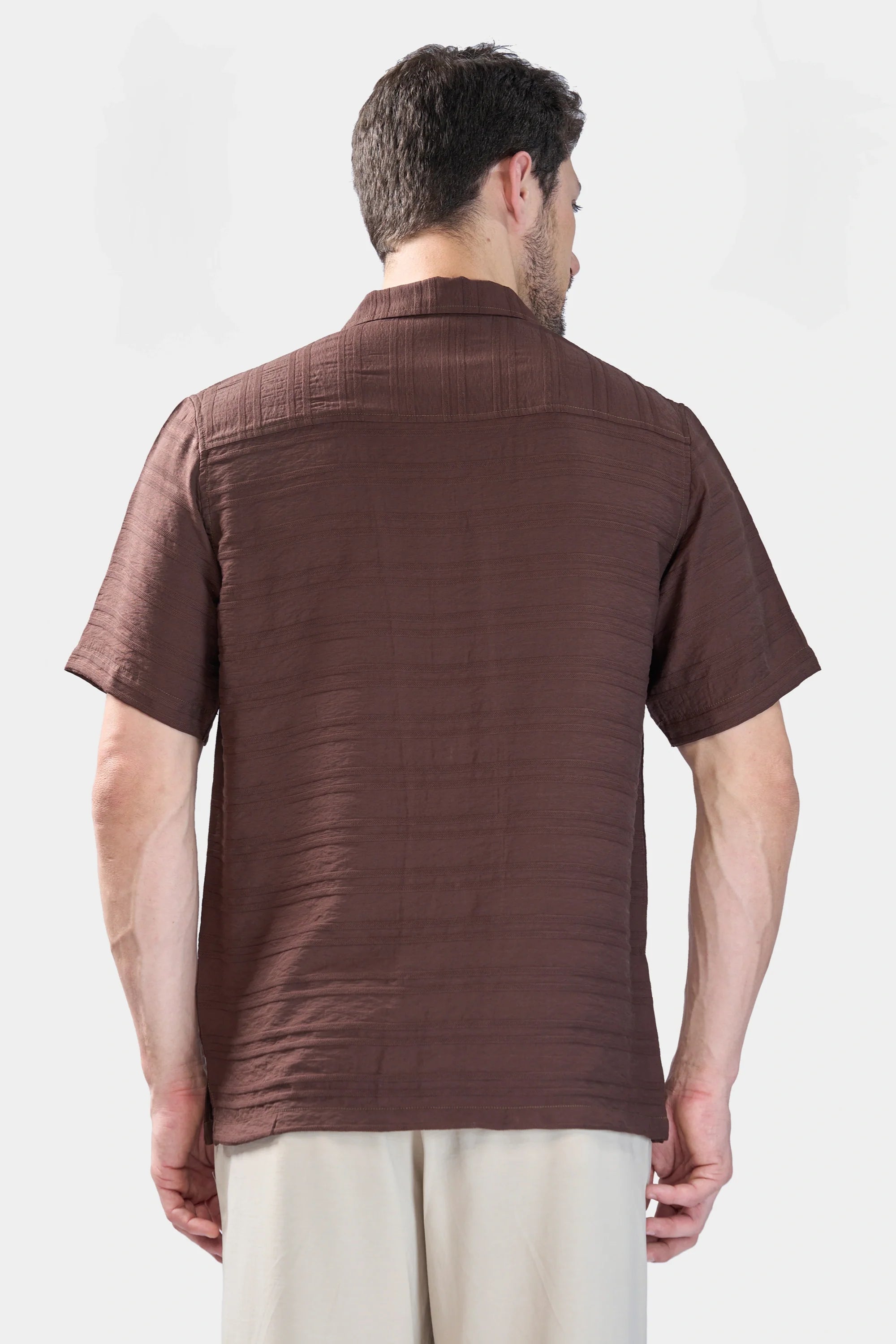Xkind Brown Horizontal Pleated Stripes Relaxed Fit Shirt