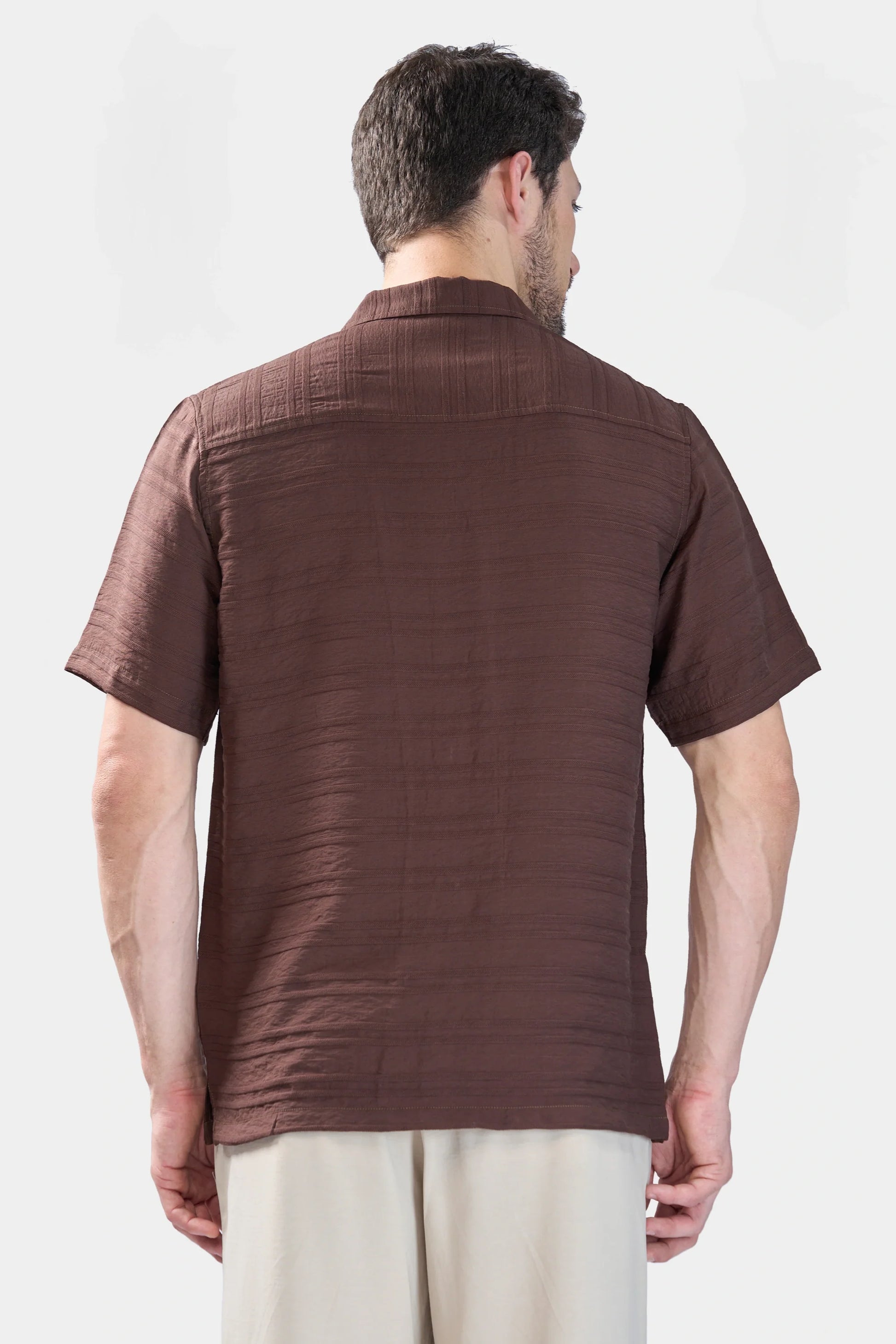 Xkind Brown Horizontal Pleated Stripes Relaxed Fit Shirt - Distacart