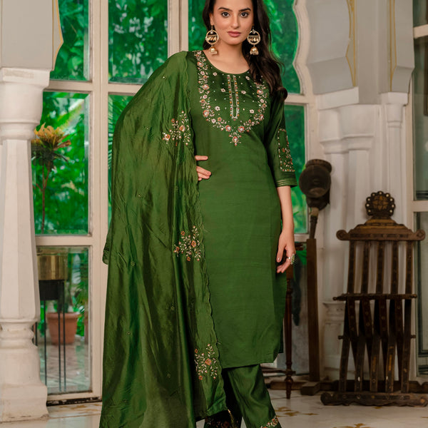 Vedant Vastram Simmer Silk Hand Work & Embroidery Work Stitched Kurta Pant Dupatta Set-Mahendi - Distacart