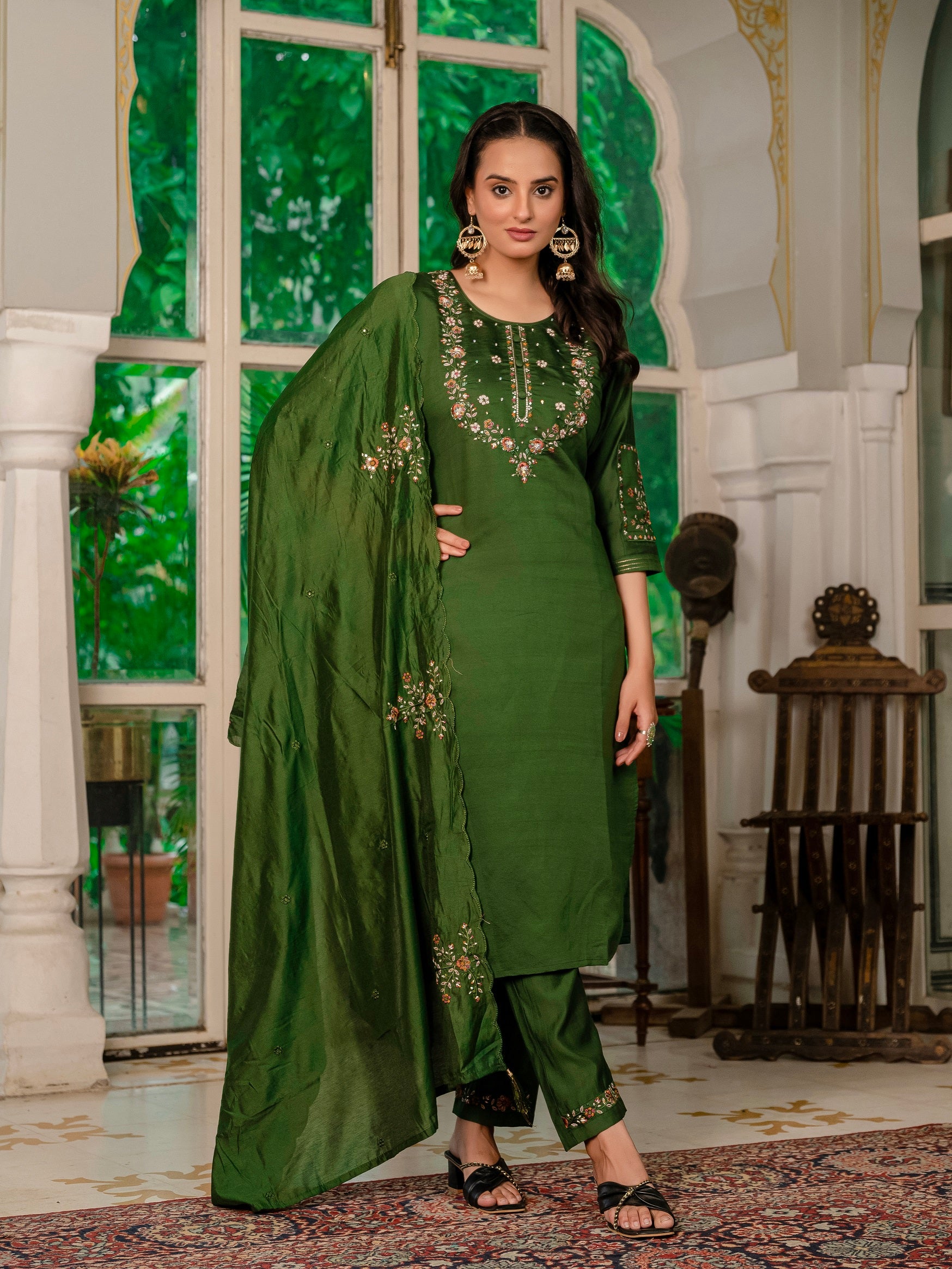 Vedant Vastram Simmer Silk Hand Work & Embroidery Work Stitched Kurta Pant Dupatta Set-Mahendi - Distacart