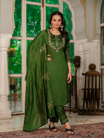 Vedant Vastram Simmer Silk Hand Work & Embroidery Work Stitched Kurta Pant Dupatta Set-Mahendi - Distacart