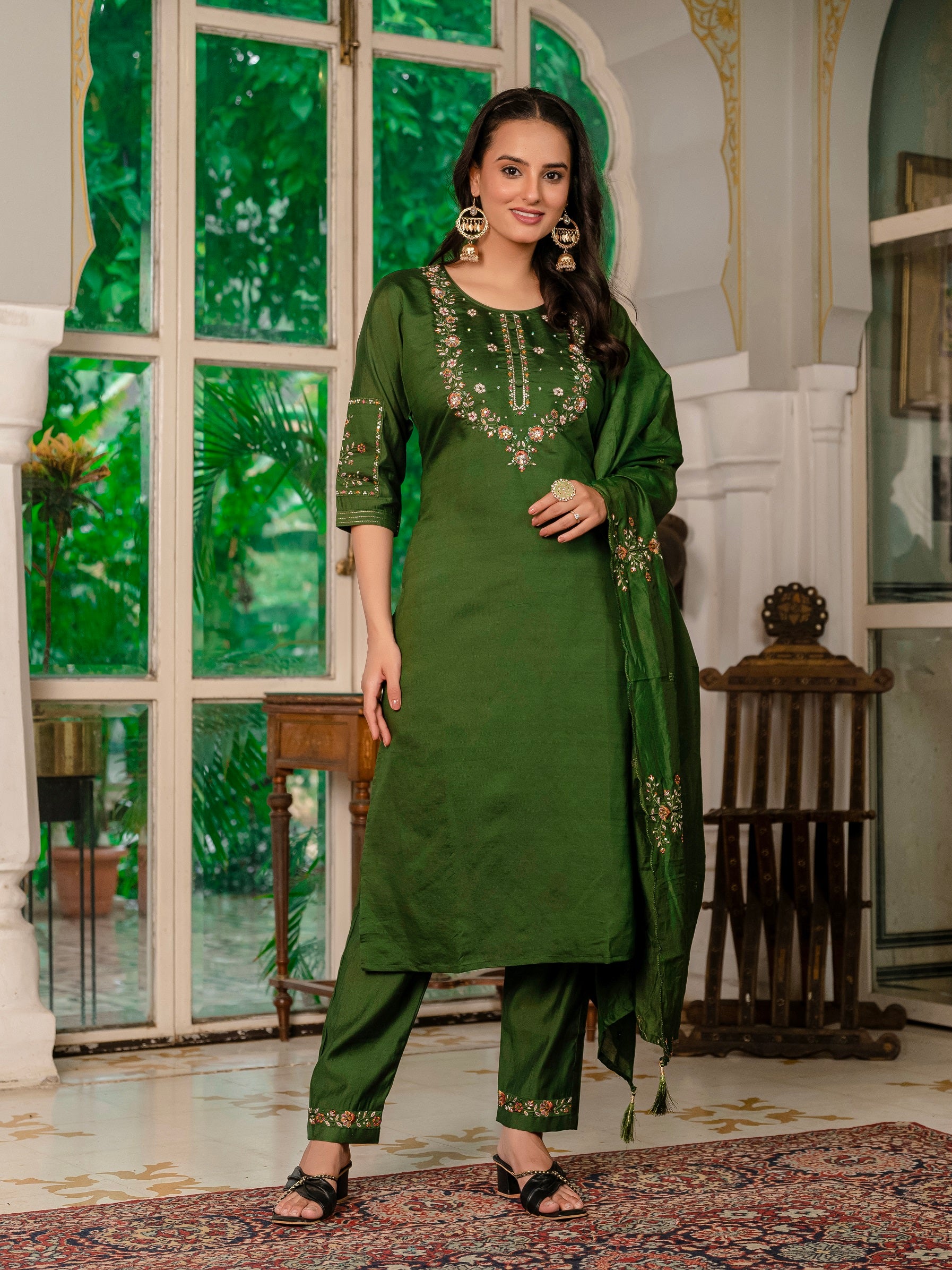 Vedant Vastram Simmer Silk Hand Work & Embroidery Work Stitched Kurta Pant Dupatta Set-Mahendi - Distacart