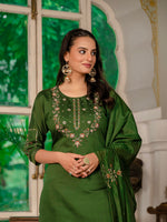 Thumbnail for Vedant Vastram Simmer Silk Hand Work & Embroidery Work Stitched Kurta Pant Dupatta Set-Mahendi - Distacart