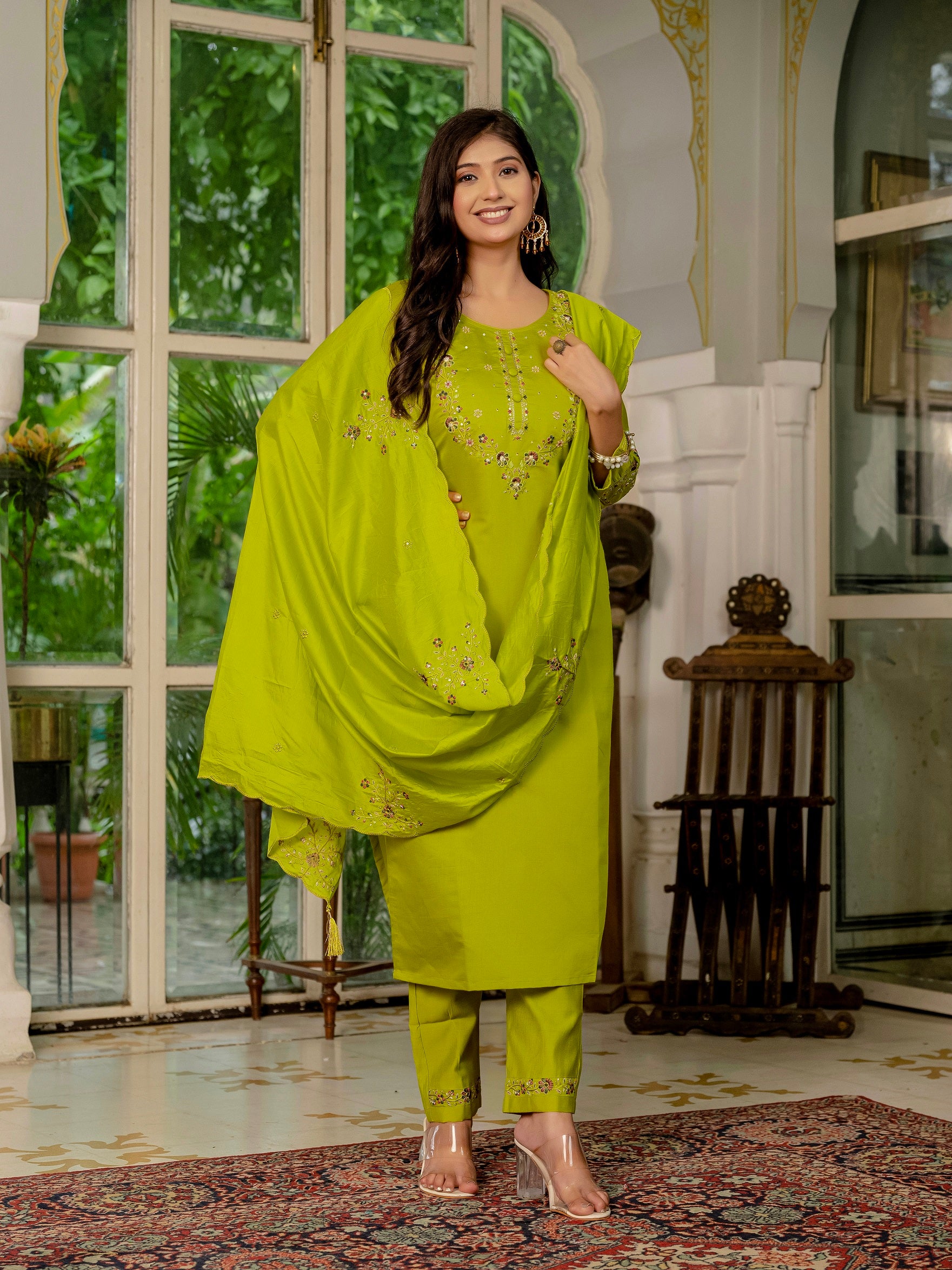 Vedant Vastram Simmer Silk Hand Work & Embroidery Work Stitched Kurta Pant Dupatta Set-Parrot Green - Distacart