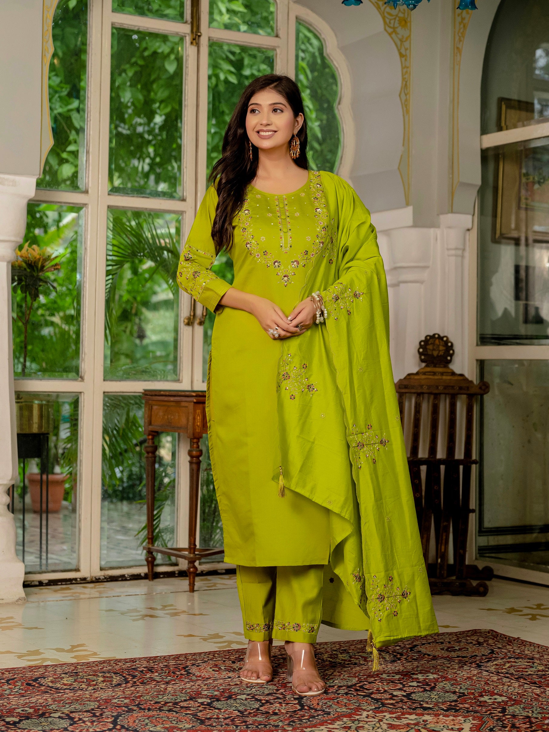 Vedant Vastram Simmer Silk Hand Work & Embroidery Work Stitched Kurta Pant Dupatta Set-Parrot Green