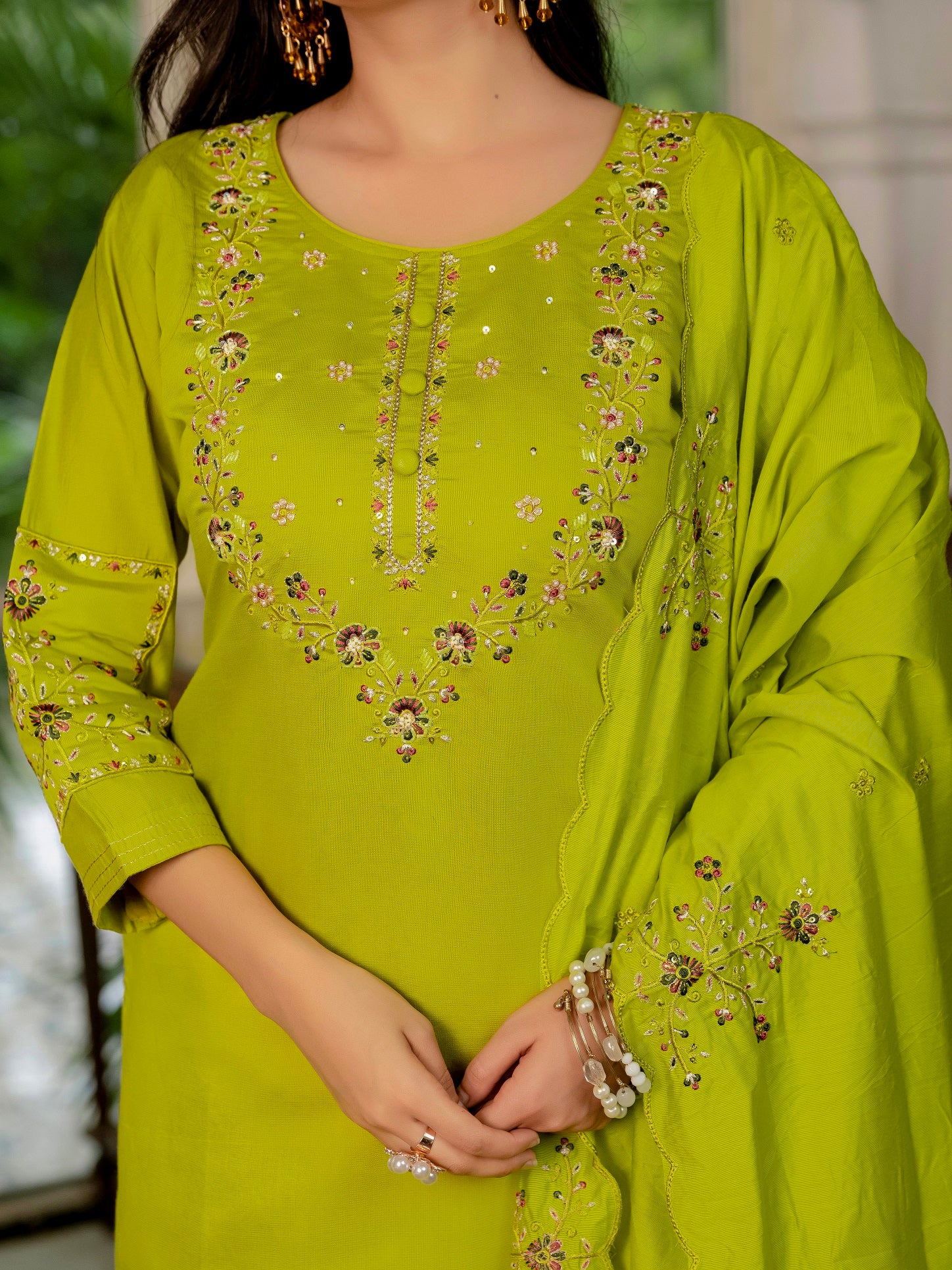 Vedant Vastram Simmer Silk Hand Work & Embroidery Work Stitched Kurta Pant Dupatta Set-Parrot Green - Distacart