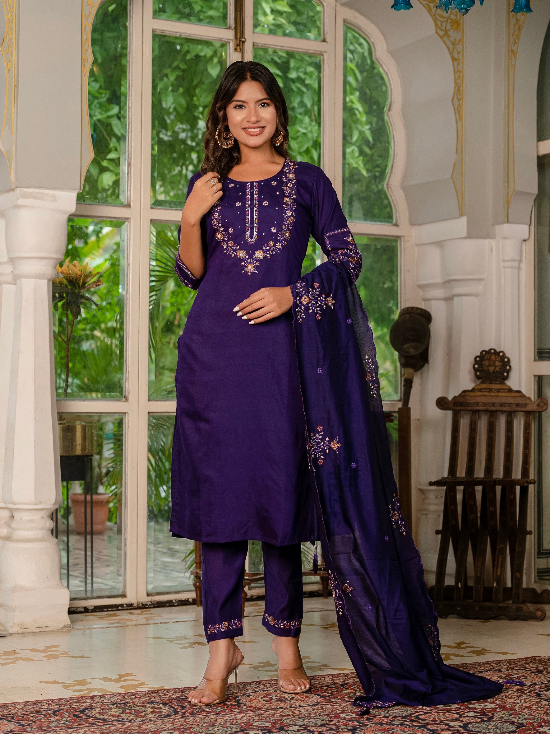 Vedant Vastram Shimmer Silk Hand Work & Embroidery Work Stitched Kurta Pant Dupatta Set-Violet