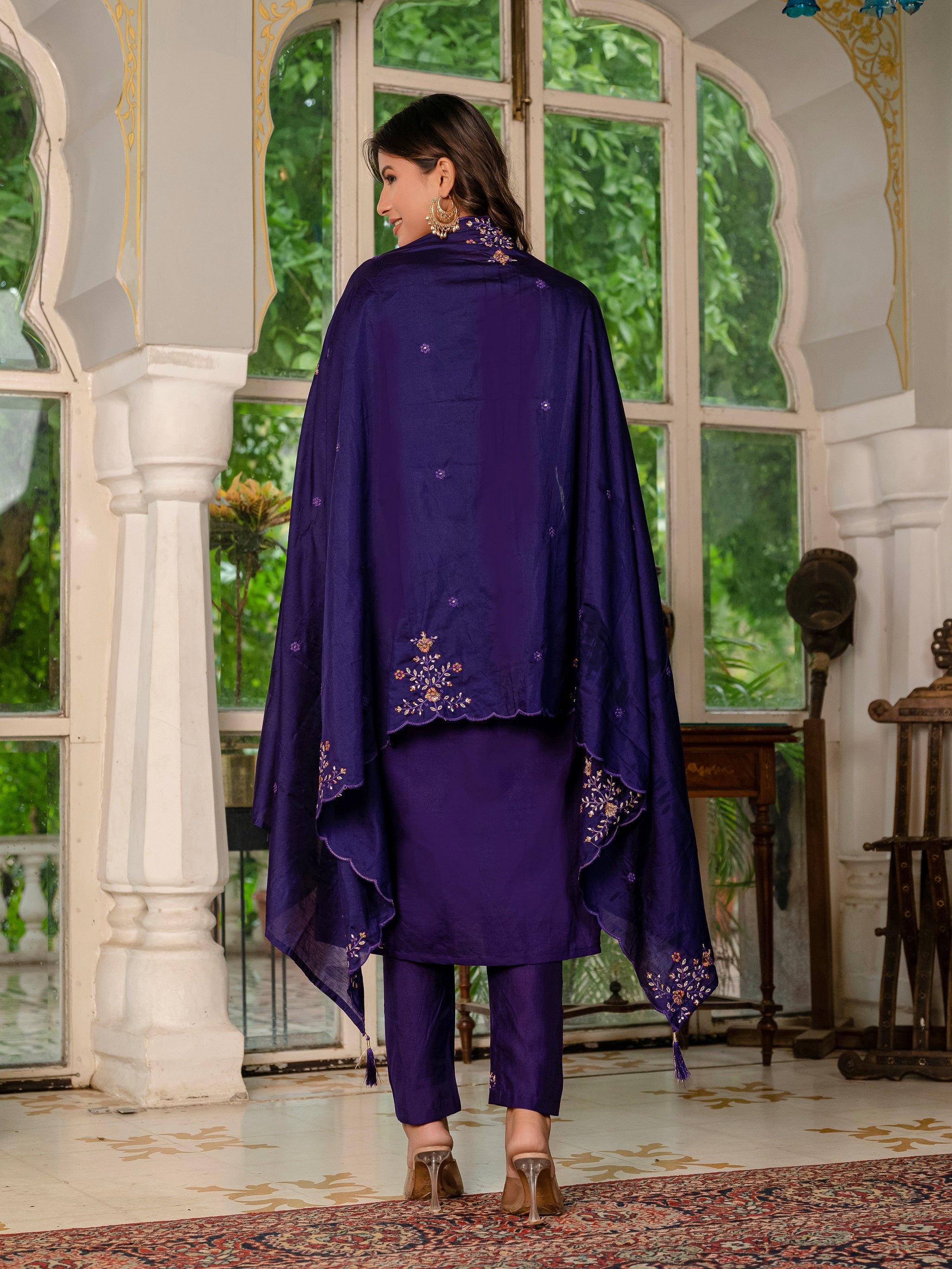 Vedant Vastram Shimmer Silk Hand Work & Embroidery Work Stitched Kurta Pant Dupatta Set-Violet - Distacart