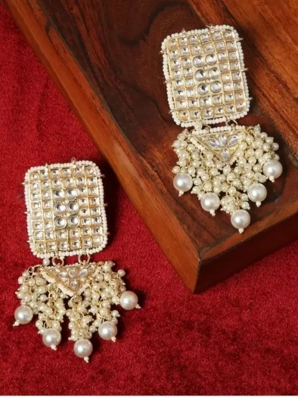 Tehzeeb Creations Jewellery Gold Tone Jadau Kundan & Pearls Large Drop Earrings For Women & Girls - Distacart