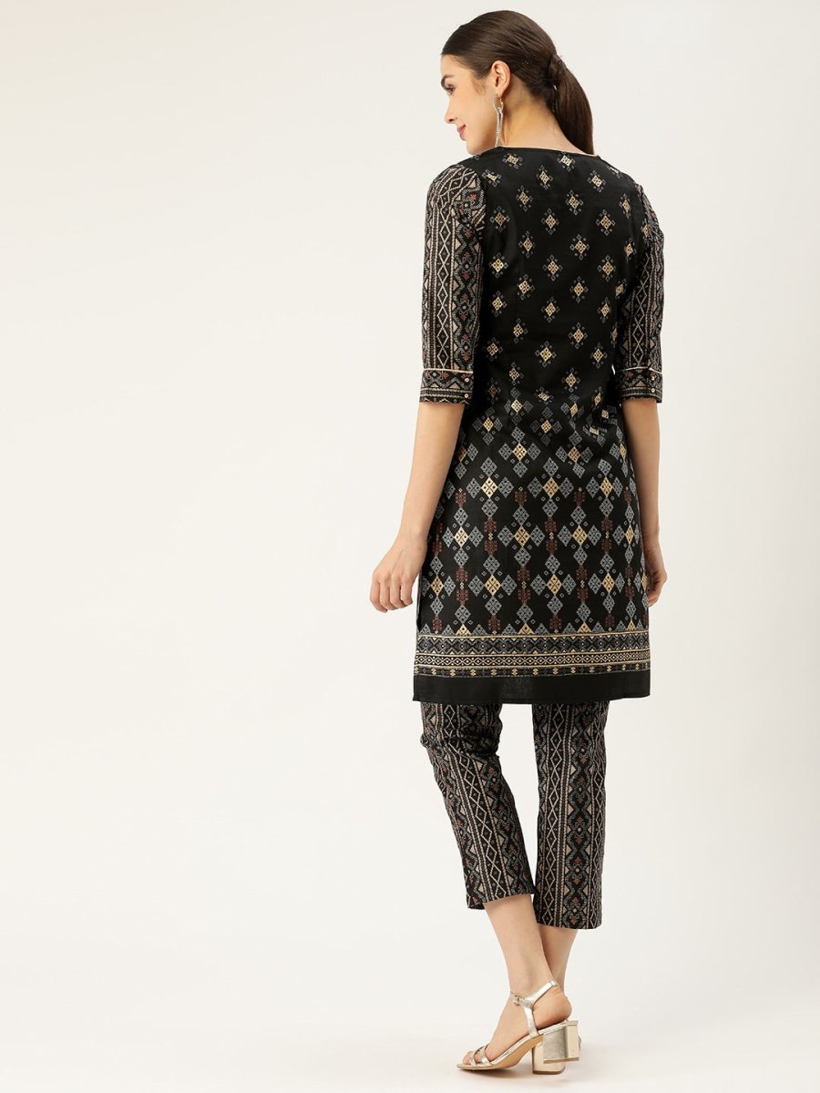 All About You Women Black & Golden Printed Sequinned Kurta with Trousers - Distacart