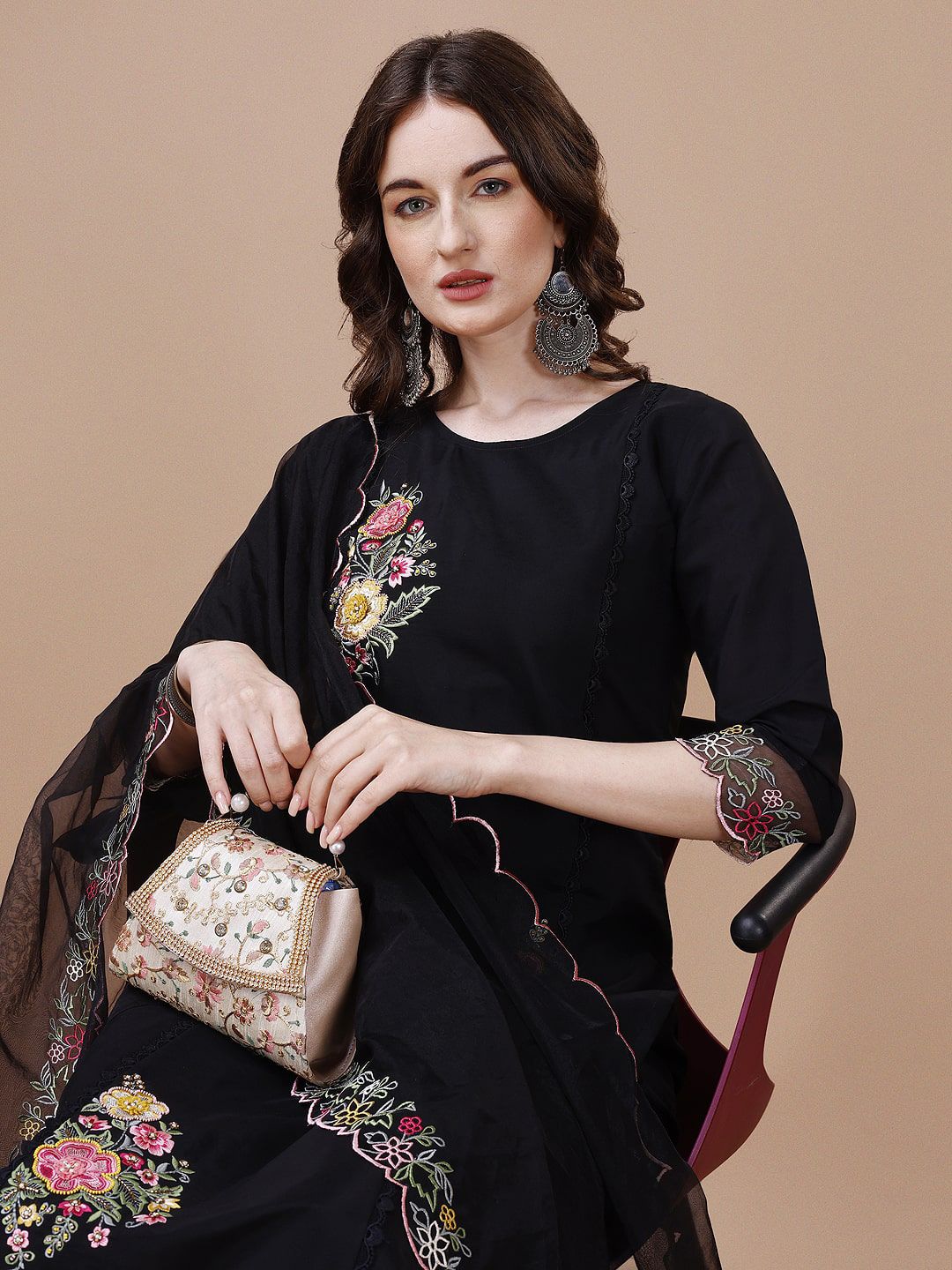 Kalini Women Floral Embroidered Regular Thread Work Chanderi Cotton Kurta with Trousers & With Dupatta - Distacart