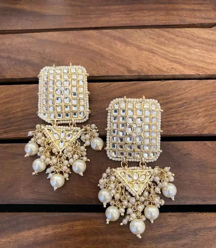 Tehzeeb Creations Jewellery Gold Tone Jadau Kundan & Pearls Large Drop Earrings For Women & Girls - Distacart