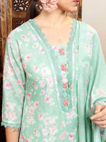 Thumbnail for Vishudh Green Printed Gotta Patti Pure Cotton Straight Kurta With Trousers & Dupatta