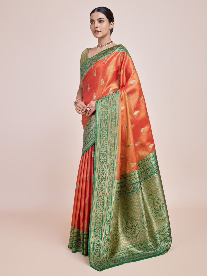 Monjolika Fashion Glamour And Tradition With This Zari Woven Banarasi Tissue Silk Orange Saree - Distacart