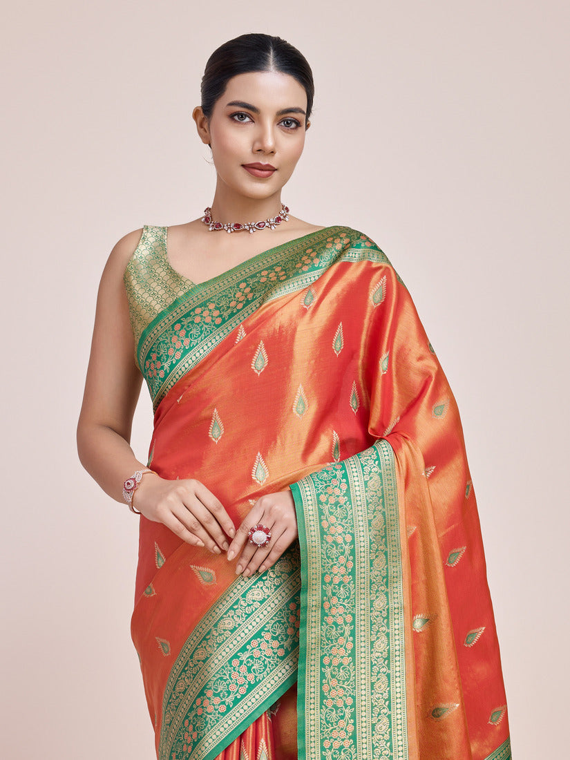 Monjolika Fashion Glamour And Tradition With This Zari Woven Banarasi Tissue Silk Orange Saree - Distacart