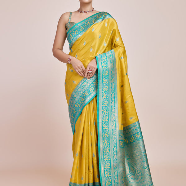 Monjolika Fashion Glamour And Tradition With This Zari Woven Banarasi Tissue Silk Yellow Saree - Distacart