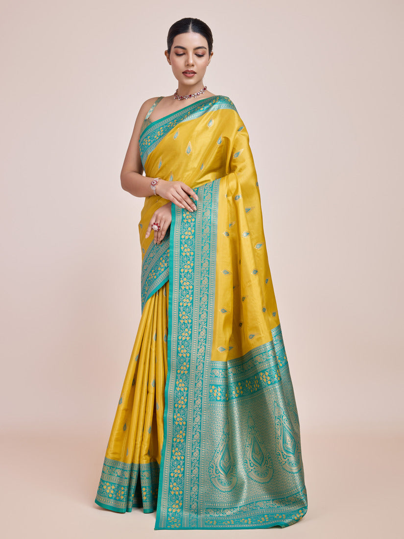 Monjolika Fashion Glamour And Tradition With This Zari Woven Banarasi Tissue Silk Yellow Saree - Distacart
