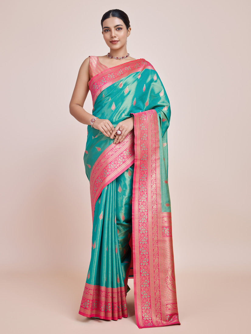 Monjolika Fashion Glamour And Tradition With This Zari Woven Banarasi Tissue Silk Turquoise Saree - Distacart