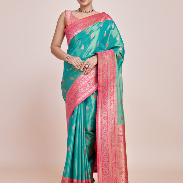 Monjolika Fashion Glamour And Tradition With This Zari Woven Banarasi Tissue Silk Turquoise Saree - Distacart