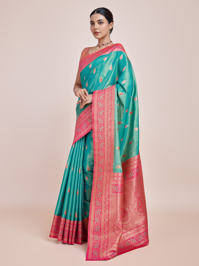 Monjolika Fashion Glamour And Tradition With This Zari Woven Banarasi Tissue Silk Turquoise Saree - Distacart