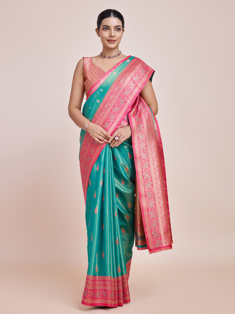 Monjolika Fashion Glamour And Tradition With This Zari Woven Banarasi Tissue Silk Turquoise Saree - Distacart